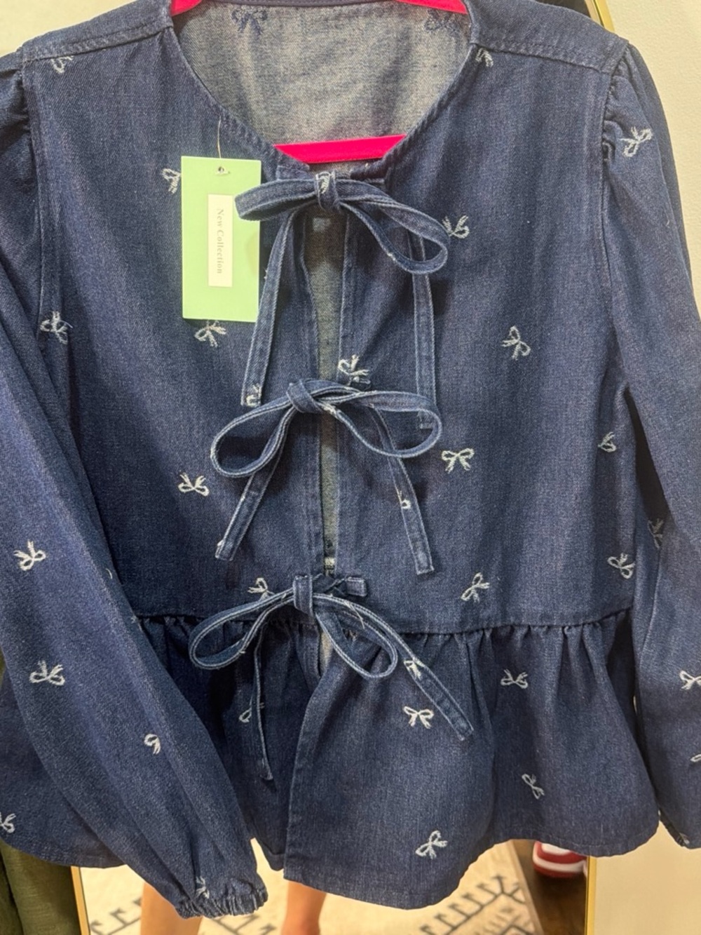 Source Unknown Dark Blue Denim Bow-Tie Peplum Top